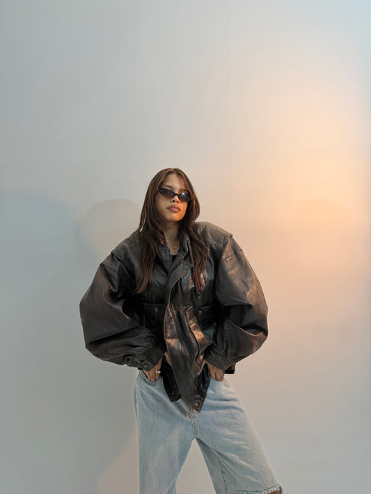 Vintage Oversized Black Utility Moto Unisex Leather Jacket