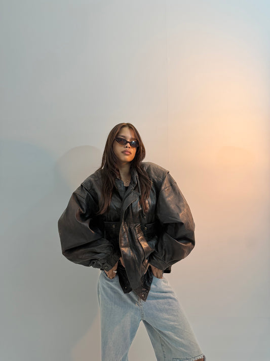 Vintage Black Oversized Layered Moto Utility Leather Jacket