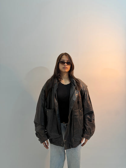 Vintage Oversized Black Utility Moto Unisex Leather Jacket