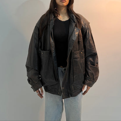 Vintage Black Oversized Layered Moto Utility Leather Jacket