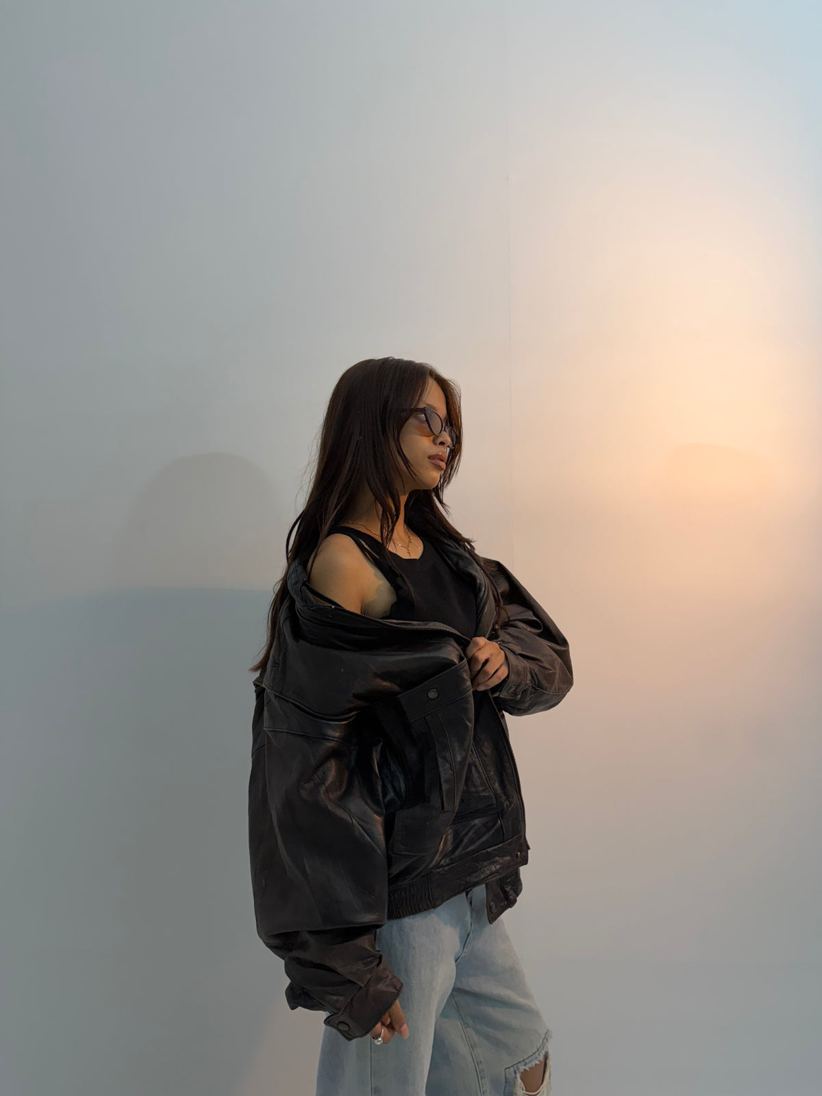 Vintage Oversized Black Utility Moto Unisex Leather Jacket