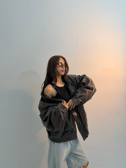 Vintage Oversized Black Utility Moto Unisex Leather Jacket