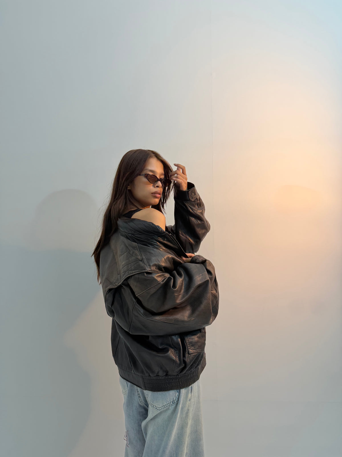Vintage Black Oversized Layered Moto Utility Leather Jacket