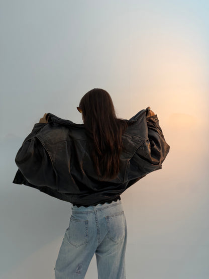 Vintage Oversized Black Utility Moto Unisex Leather Jacket