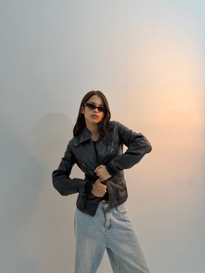 Vintage Unisex Distressed Black Leather Biker Bomber Jacket