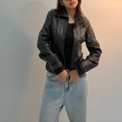 Vintage Unisex Distressed Black Leather Biker Bomber Jacket