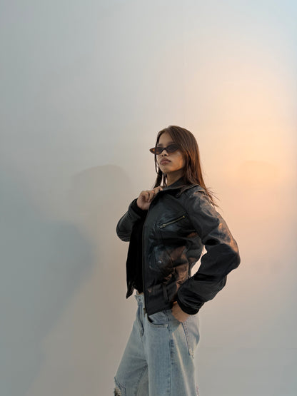 Vintage Unisex Distressed Black Leather Biker Bomber Jacket