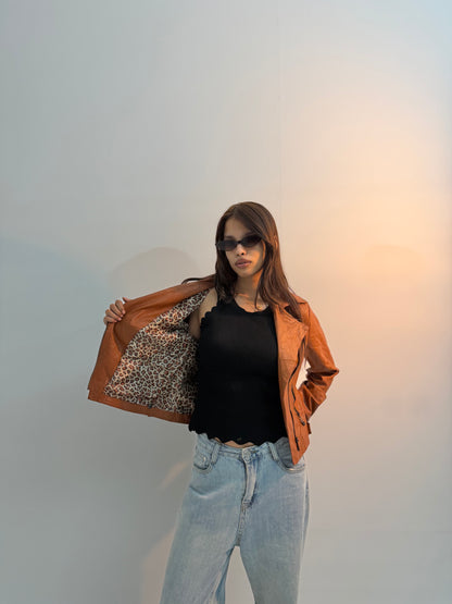 Women’s Vintage Cognac Brown Slim-Fit Moto Leather Jacket