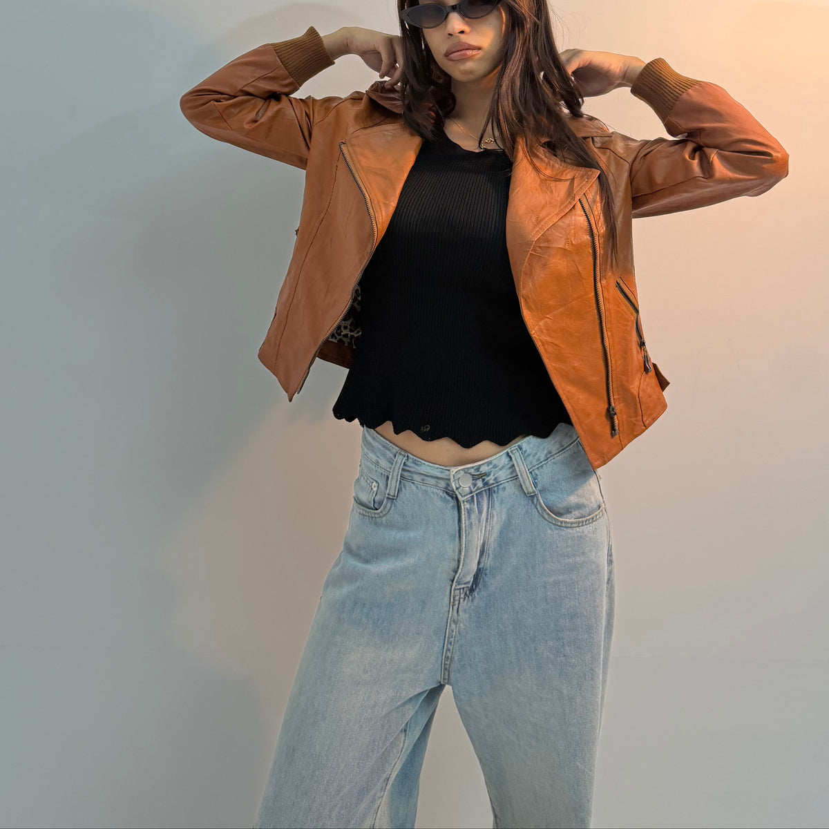 Women’s Vintage Cognac Brown Slim-Fit Moto Leather Jacket