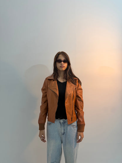 Women’s Vintage Cognac Brown Slim-Fit Moto Leather Jacket