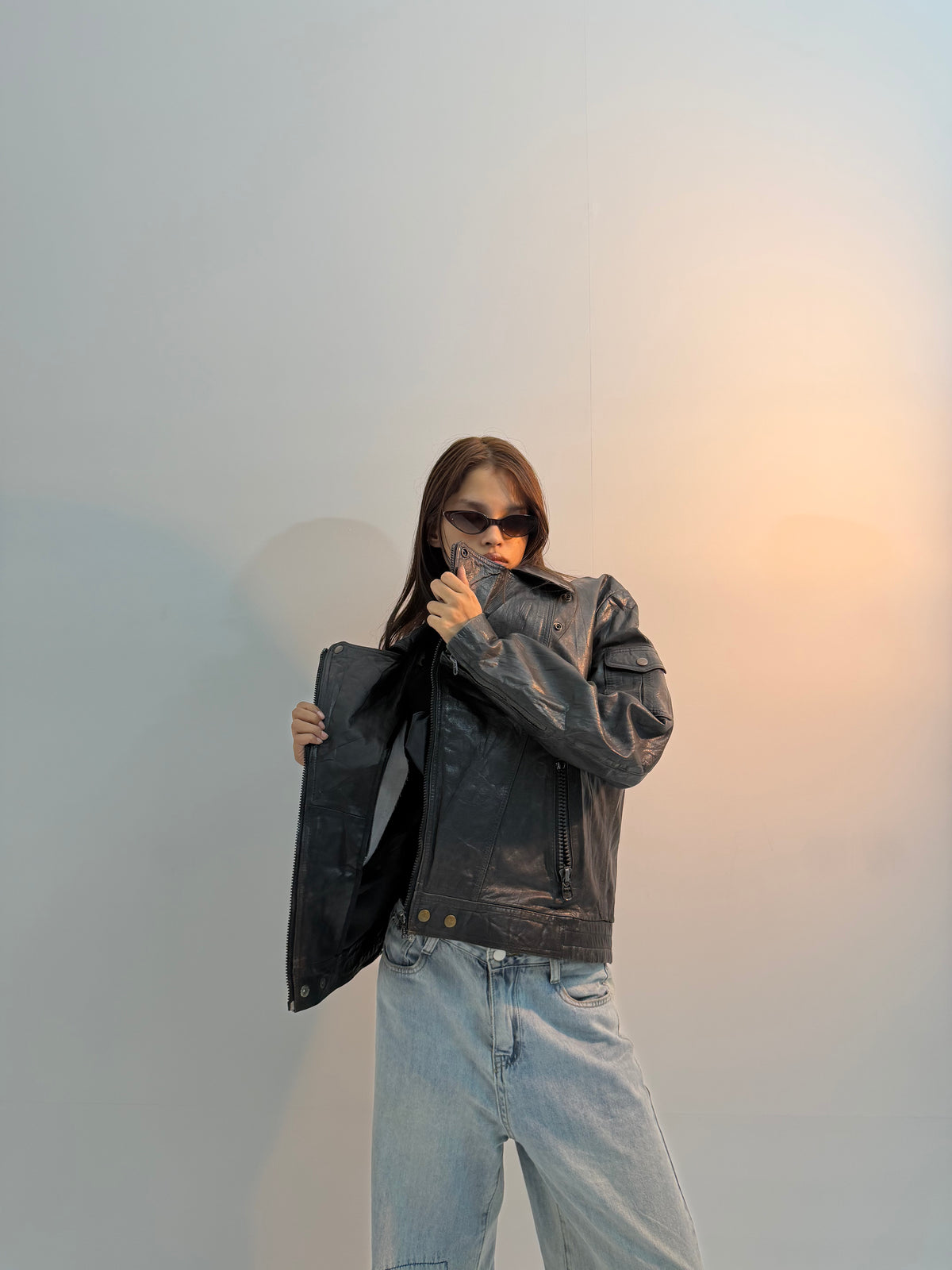 Unisex Vintage Black Relaxed-Fit Utility Moto Leather Jacket