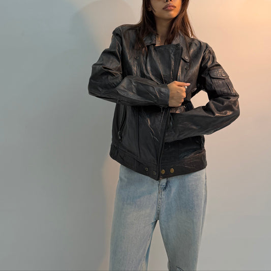 Unisex Vintage Black Relaxed-Fit Utility Moto Leather Jacket