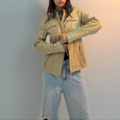 Women’s Vintage Beige Regular-Fit Multi-Zip Utility Leather Jacket