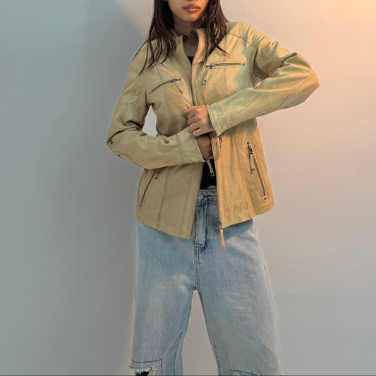 Women’s Vintage Beige Regular-Fit Multi-Zip Utility Leather Jacket