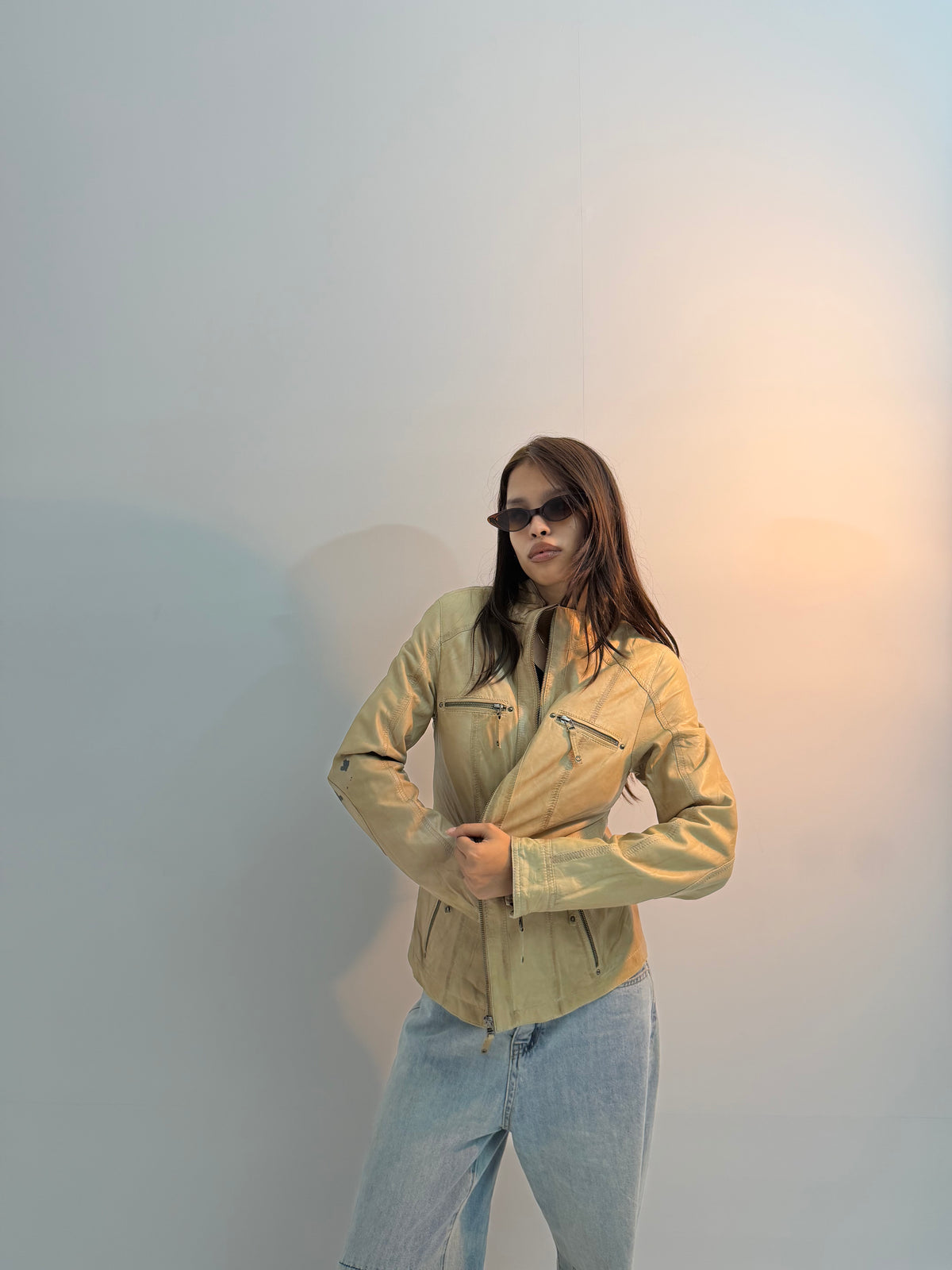 Women’s Vintage Beige Regular-Fit Multi-Zip Utility Leather Jacket