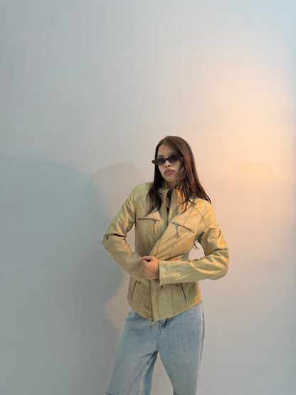 Women’s Vintage Beige Regular-Fit Multi-Zip Utility Leather Jacket