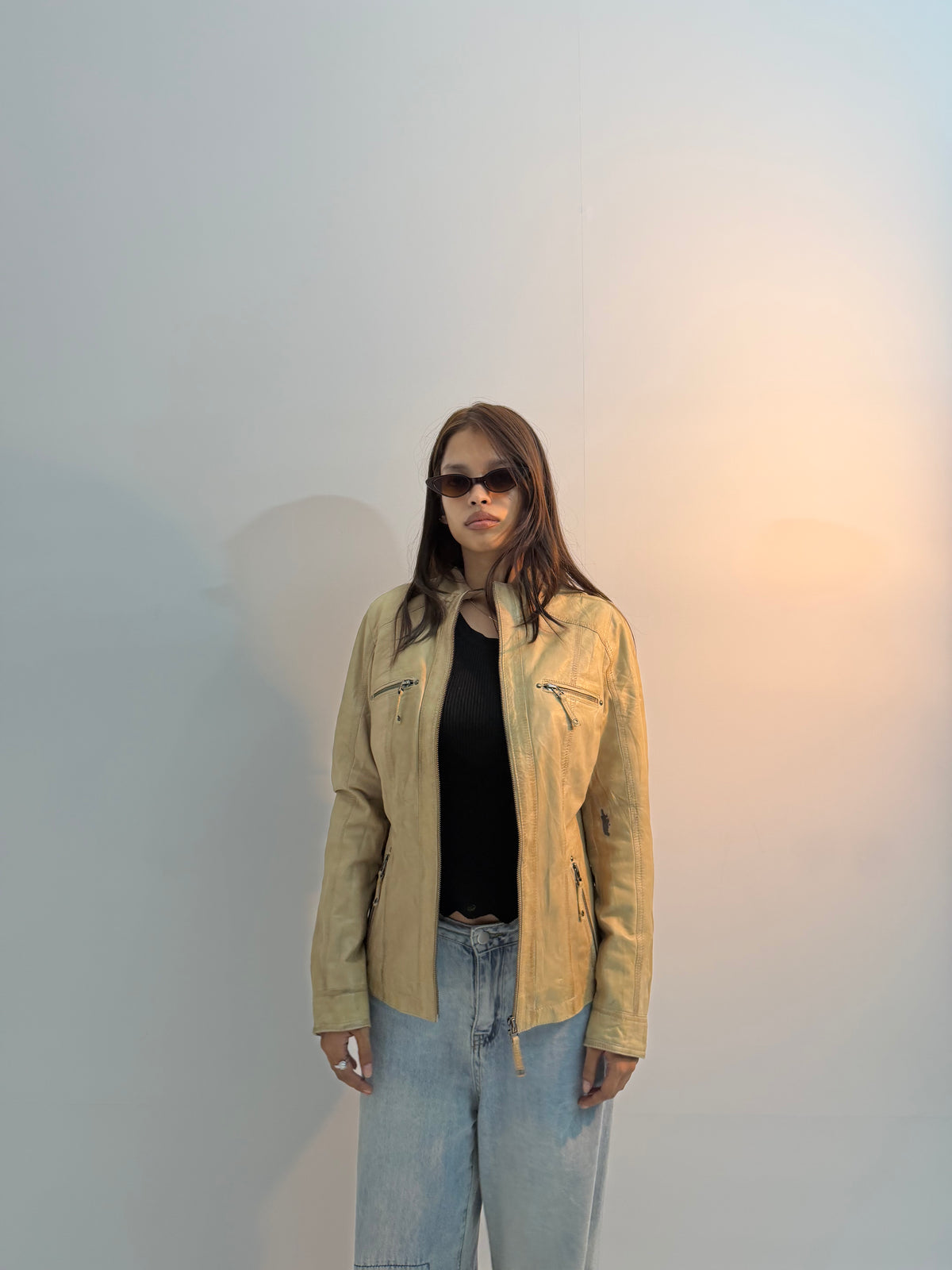Women’s Vintage Beige Regular-Fit Multi-Zip Utility Leather Jacket