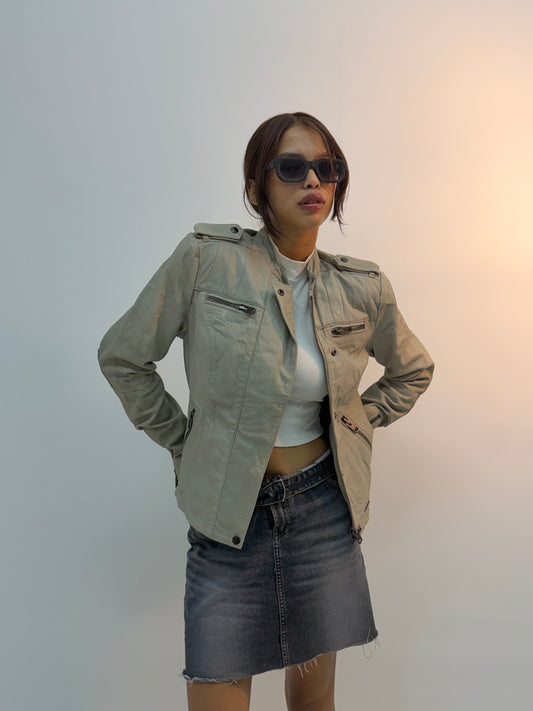 Vintage Tactical Pocket Detail Beige Utility Bomber Jacket