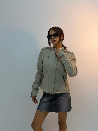 Vintage Tactical Pocket Detail Beige Utility Bomber Jacket