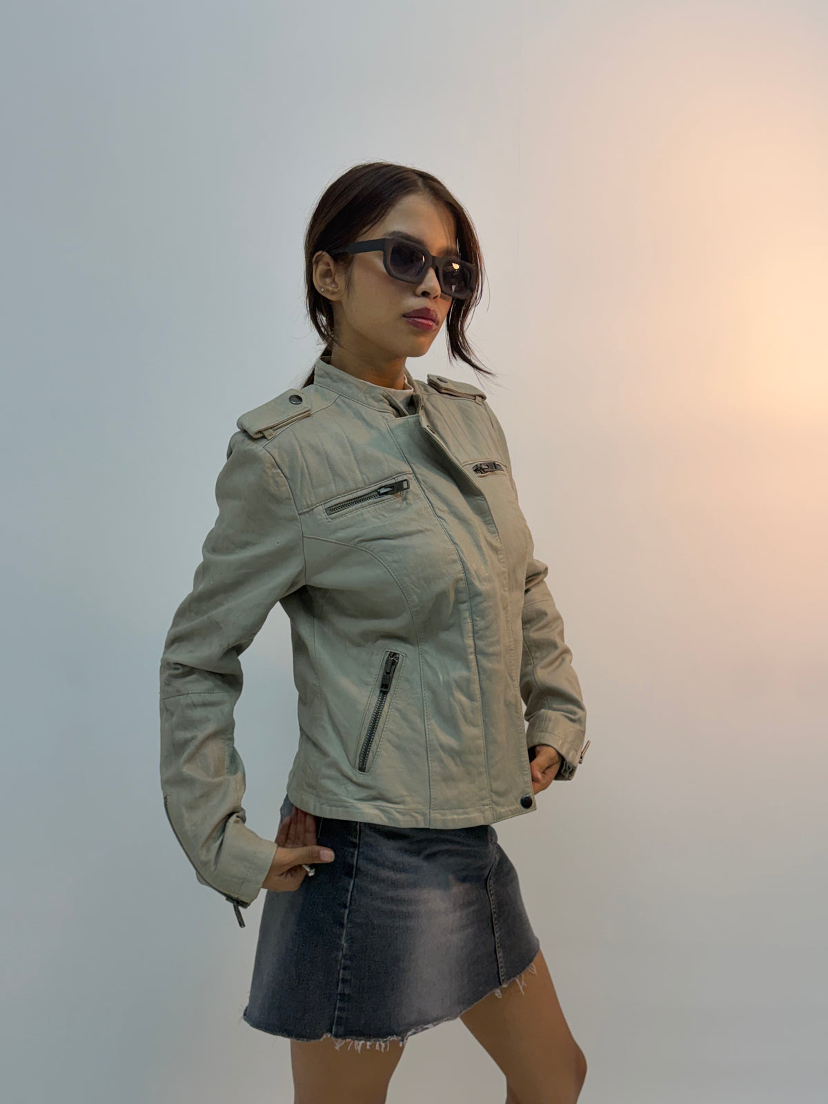 Vintage Tactical Pocket Detail Beige Utility Bomber Jacket