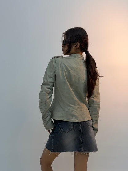 Vintage Tactical Pocket Detail Beige Utility Bomber Jacket