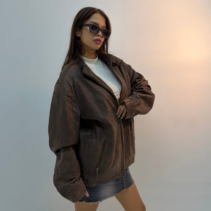 Classic Brown Utility Zip-Up Bomber Jacket