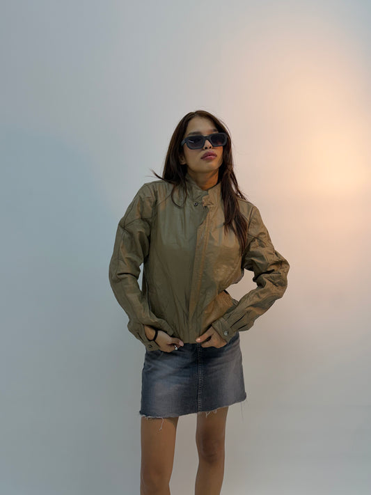 Retro Utility-Style Beige Zip-Up Bomber Jacket