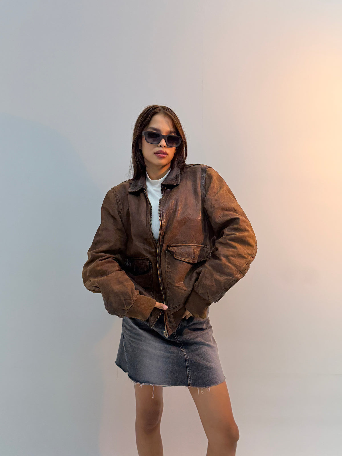 Unisex Distressed Collared Brown Relaxed Fit Bomber Leather Jacket