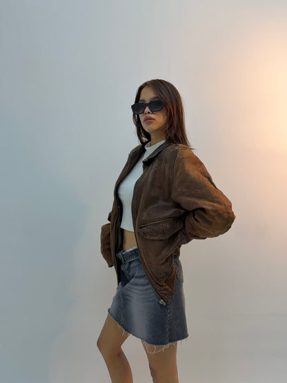 Unisex Distressed Collared Brown Relaxed Fit Bomber Leather Jacket