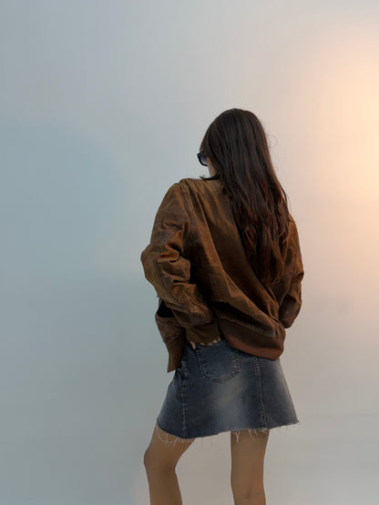 Unisex Distressed Collared Brown Relaxed Fit Bomber Leather Jacket