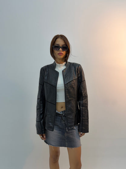 Retro Black Cropped Utility Leather Jacket