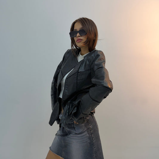 Retro Black Cropped Utility Leather Jacket