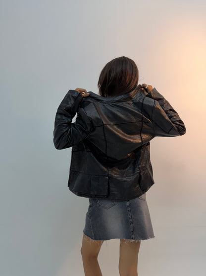 Retro Black Cropped Utility Leather Jacket