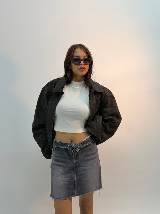 Vintage Black Urban Utility Leather Bomber Jacket