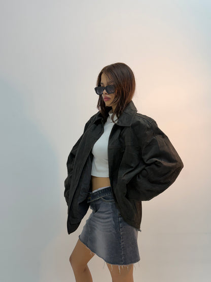 Vintage Black Urban Utility Leather Bomber Jacket