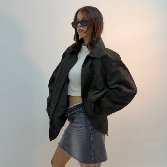 Vintage Black Urban Utility Leather Bomber Jacket
