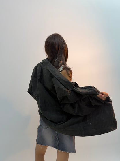 Vintage Black Urban Utility Leather Bomber Jacket