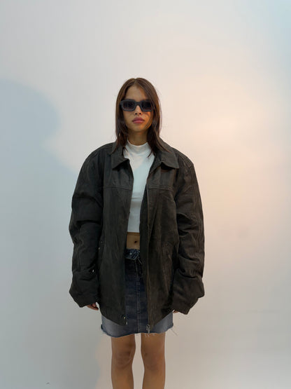 Vintage Black Urban Utility Leather Bomber Jacket