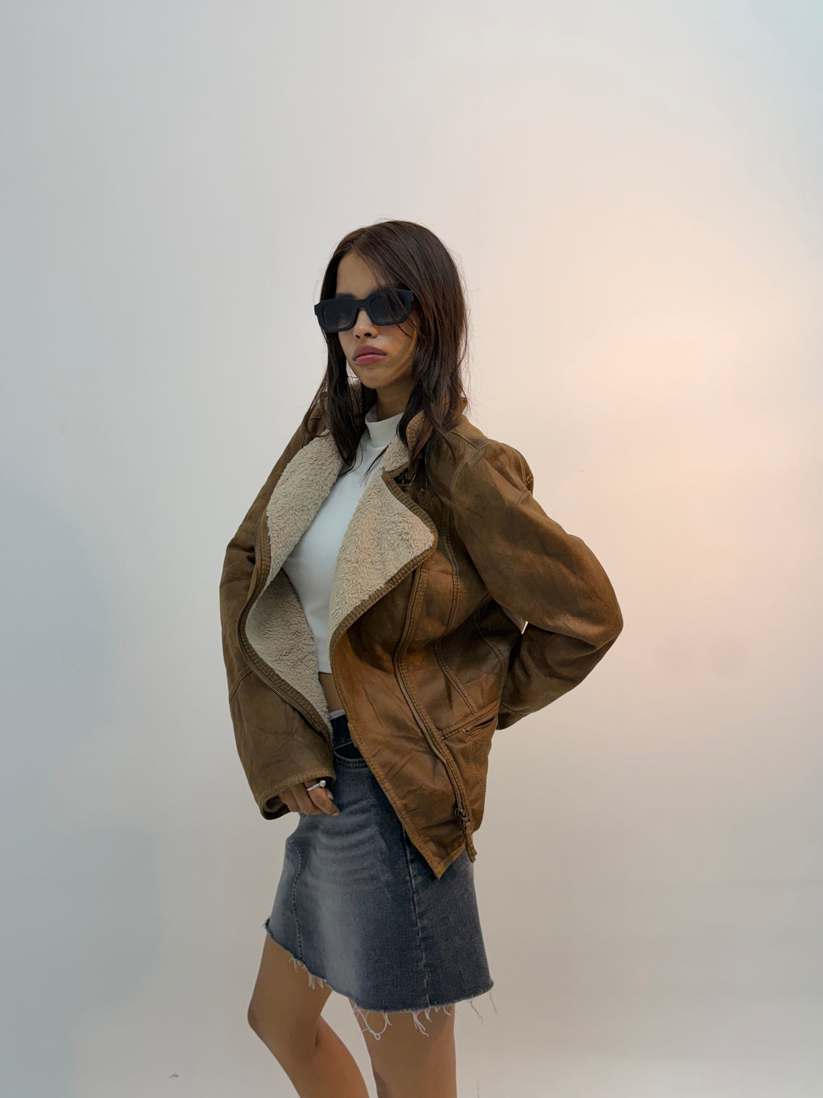 Women’s Vintage Brown Shearling-Lined Oversized Leather Jacket