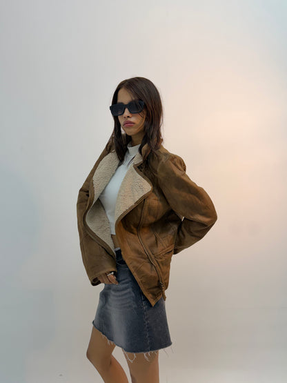 Women’s Vintage Brown Shearling-Lined Oversized Leather Jacket