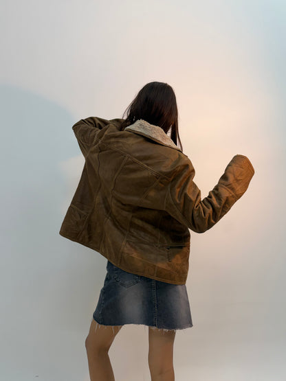 Women’s Vintage Brown Shearling-Lined Oversized Leather Jacket