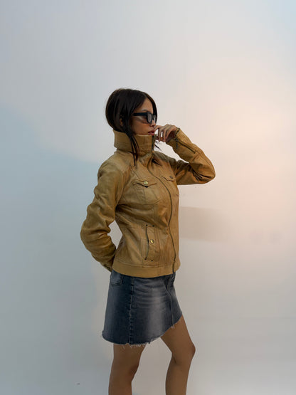 Women’s Vintage Tan Fitted High-Neck Utility Leather Jacket