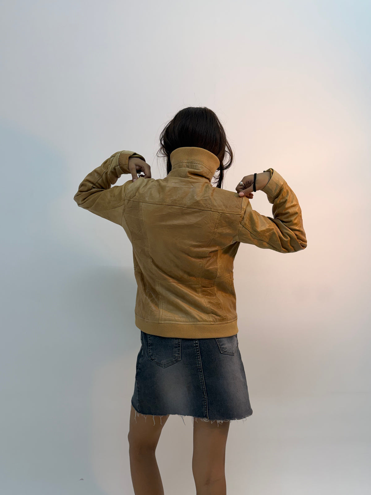 Women’s Vintage Tan Fitted High-Neck Utility Leather Jacket