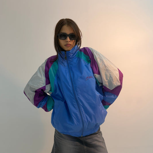 Unisex White & Royal Blue Relaxed Fit Retro Windbreaker Jacket