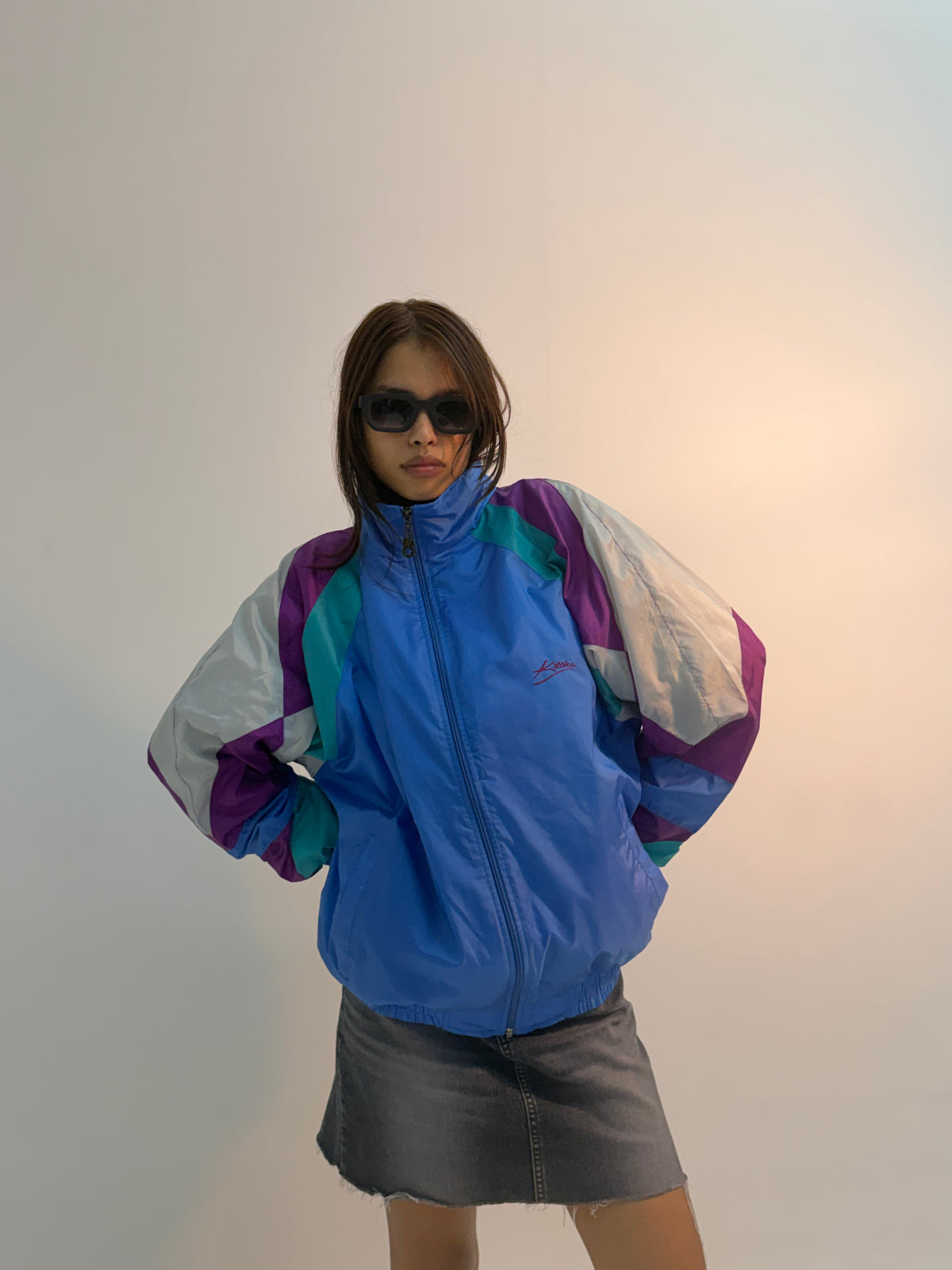 Vintage Blue Multicolor Colorblock Unisex Windbreaker Bomber Jacket