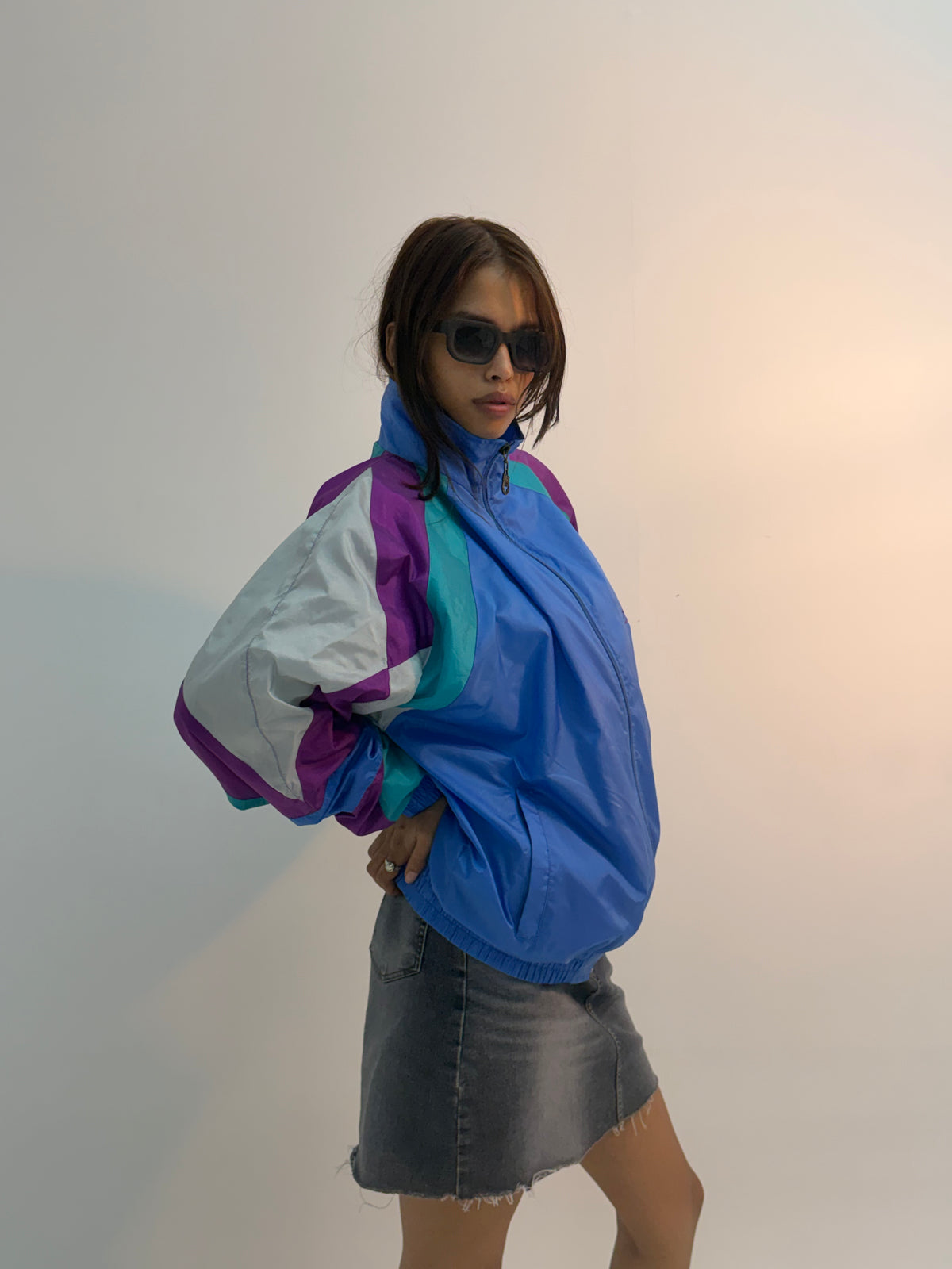Vintage Blue Multicolor Colorblock Unisex Windbreaker Bomber Jacket