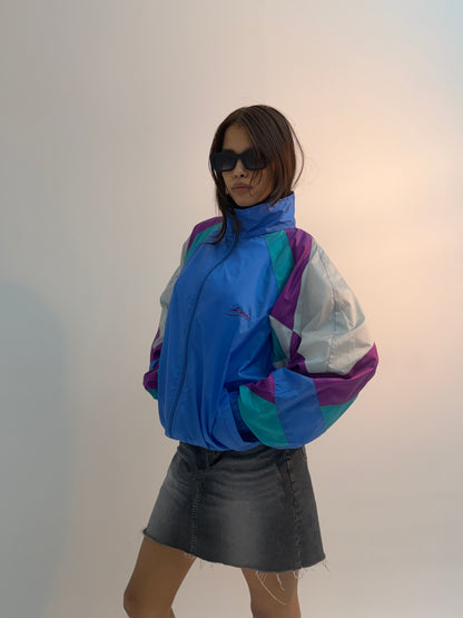 Unisex White & Royal Blue Relaxed Fit Retro Windbreaker Jacket