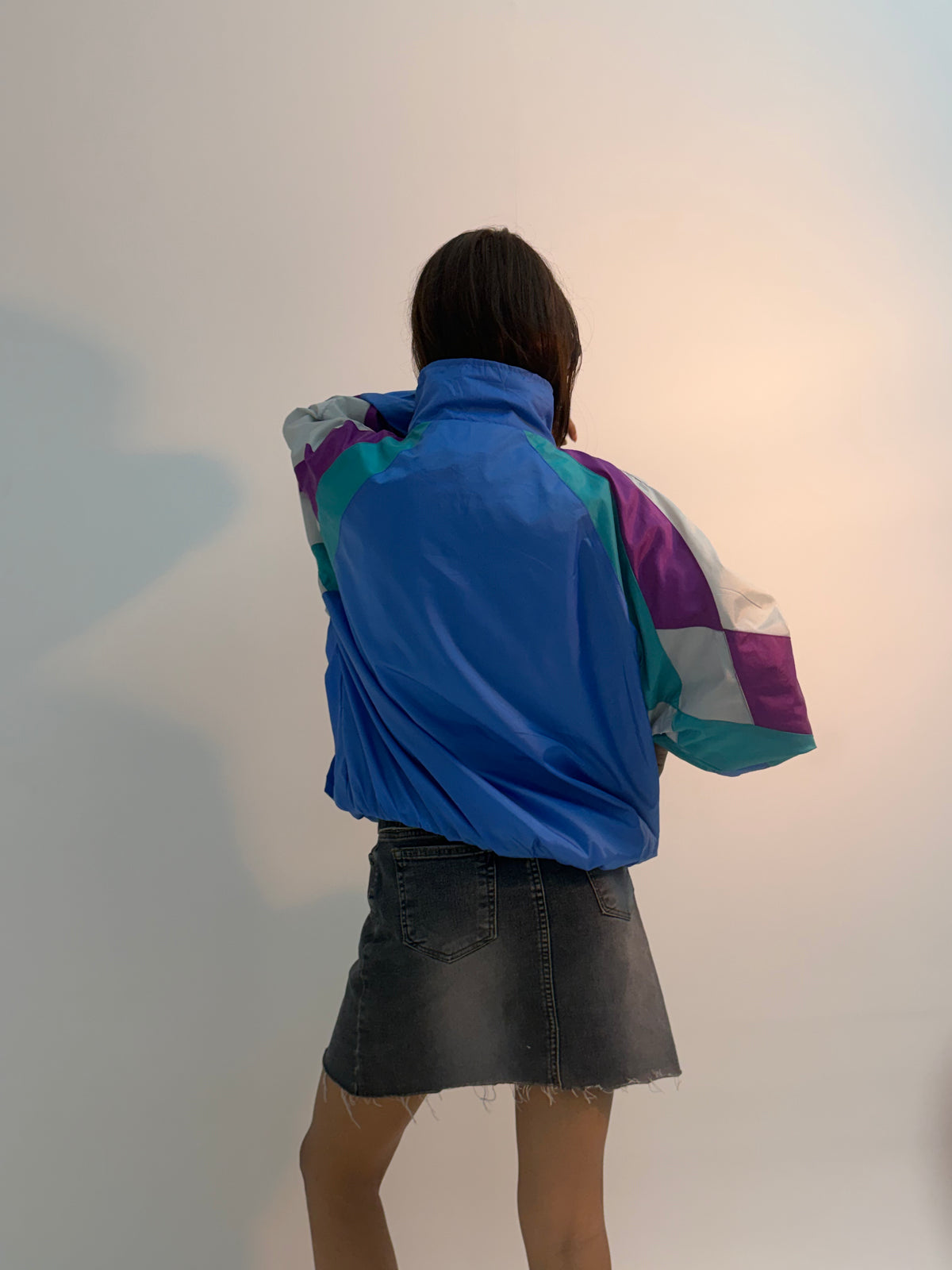 Vintage Blue Multicolor Colorblock Unisex Windbreaker Bomber Jacket