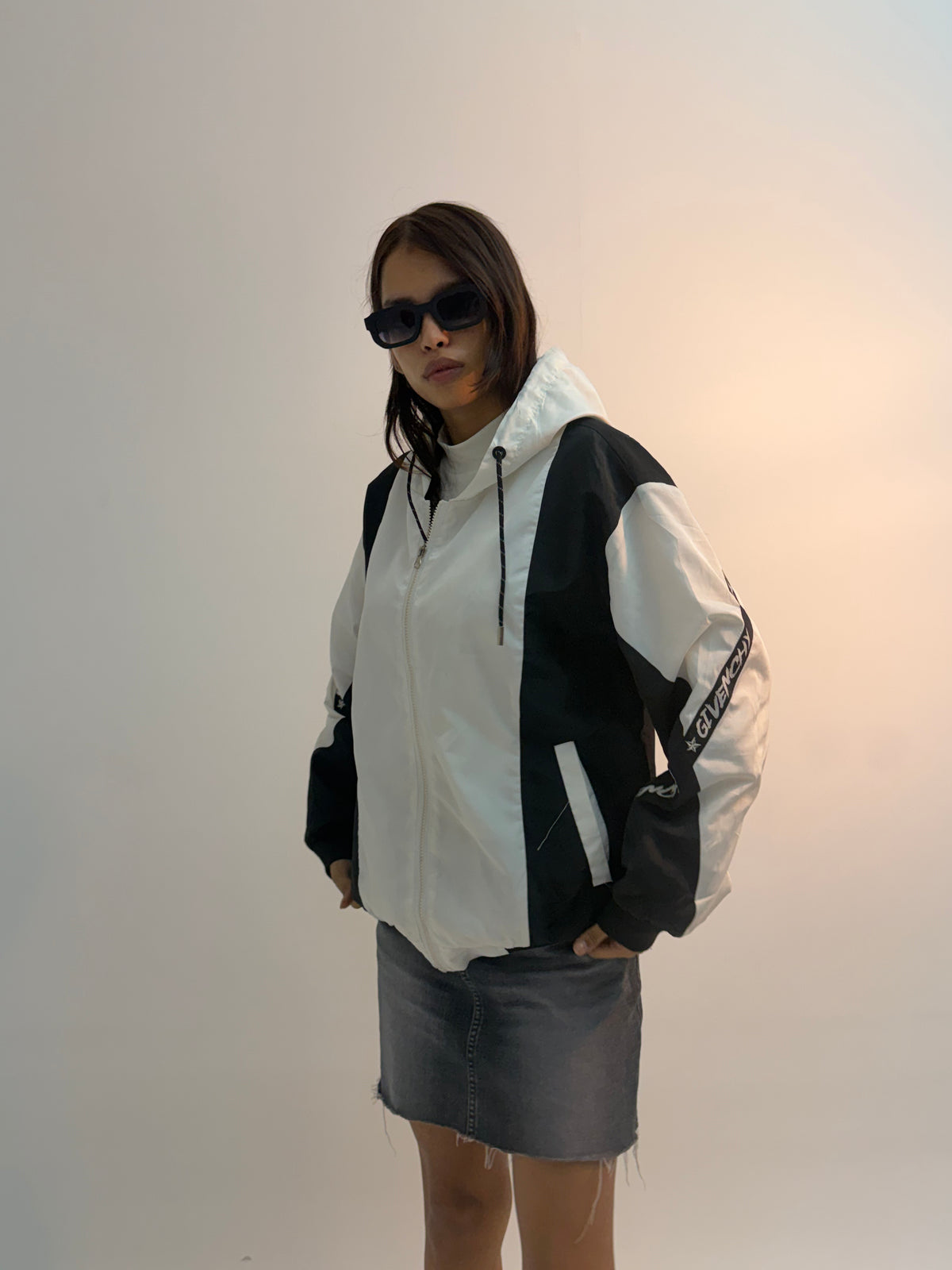 Vintage Black & White Contrast Panel Unisex Windbreaker Bomber Jacket