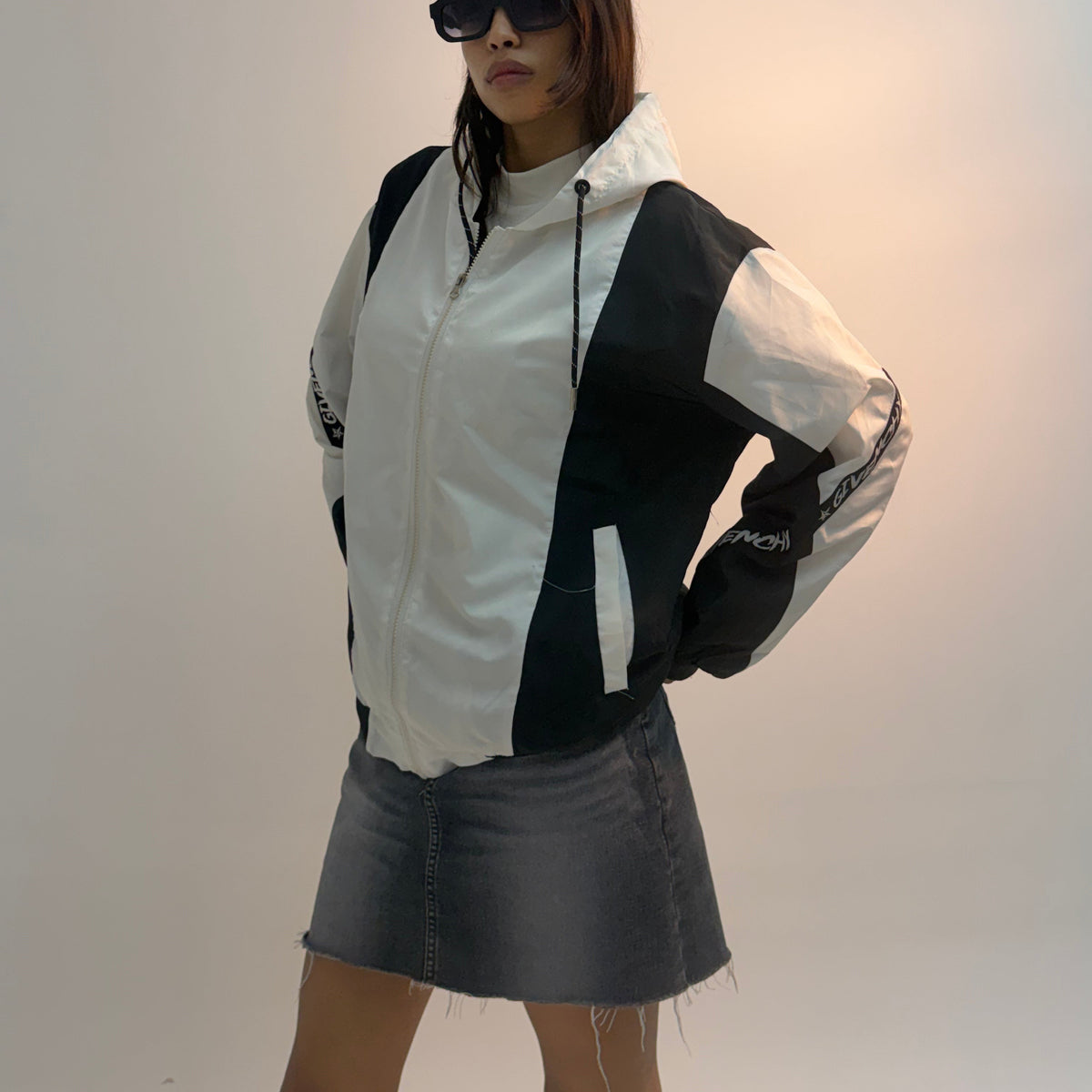 Vintage Black & White Contrast Panel Unisex Windbreaker Bomber Jacket